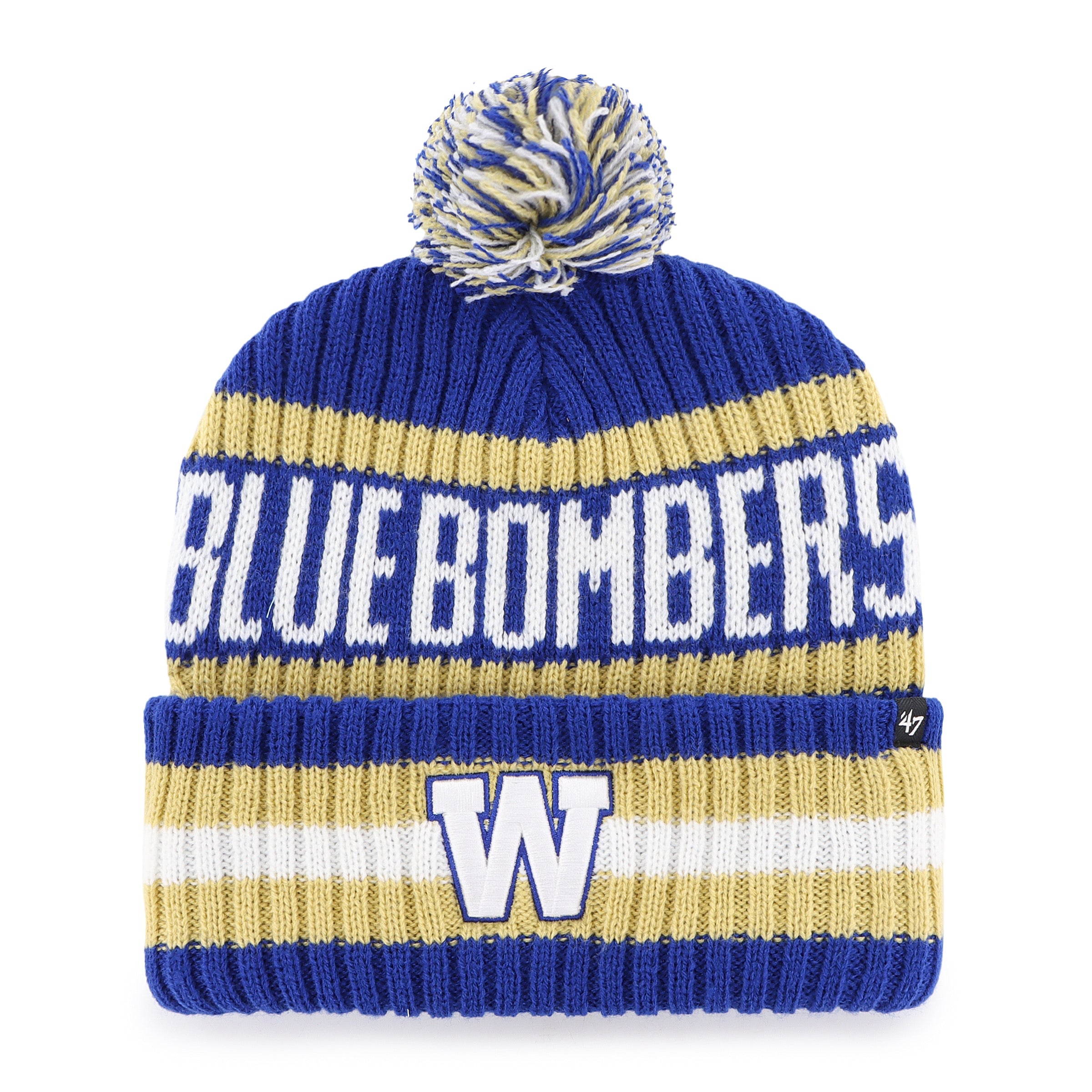 Bonnet tricoté à pompon Bering CFL 47 Brand pour homme des Blue Bombers de Winnipeg de la LCF, couleur bleu royal/doré