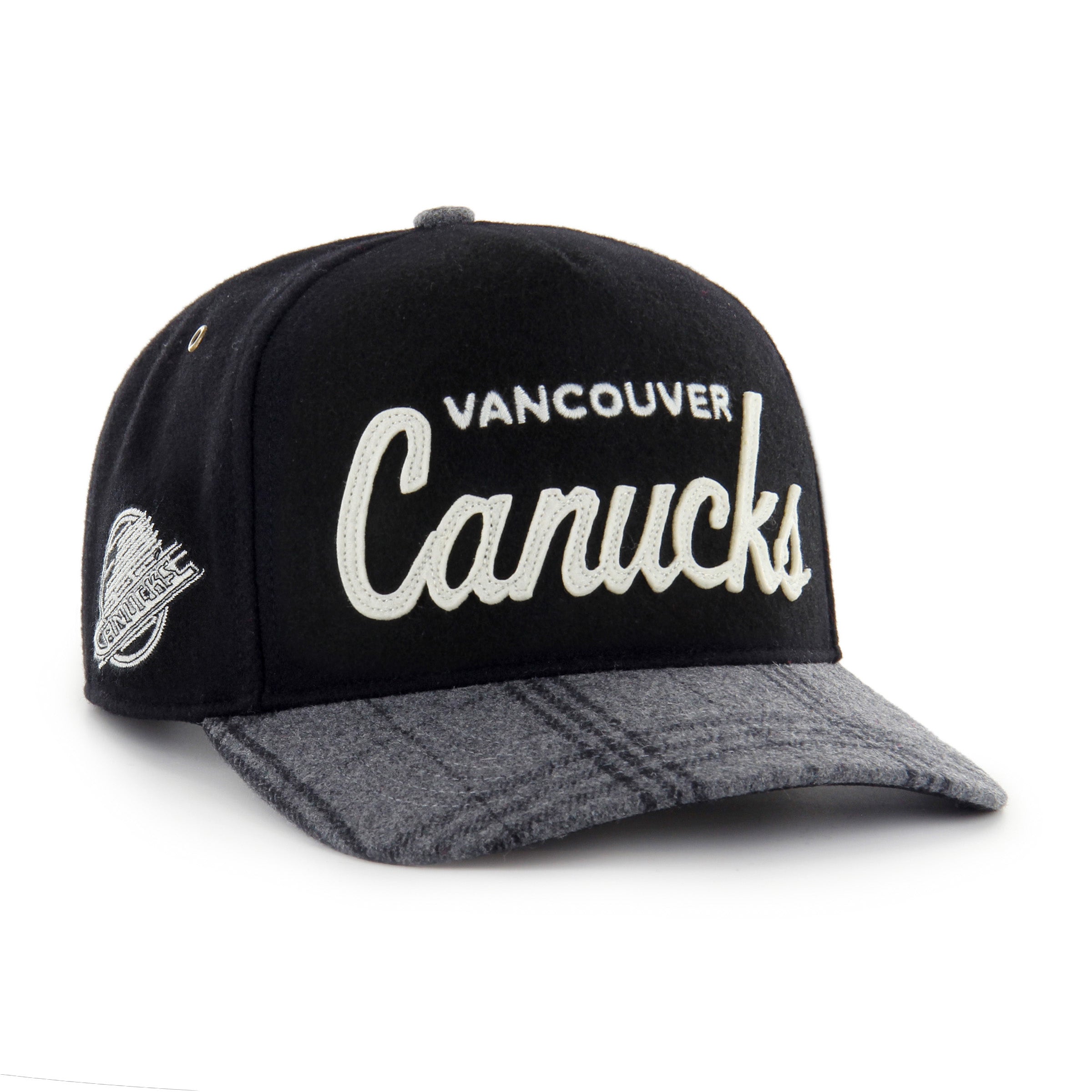 Vancouver Canucks NHL 47 Brand Men's Black Windowpane Plaid Hitch Snapback Hat