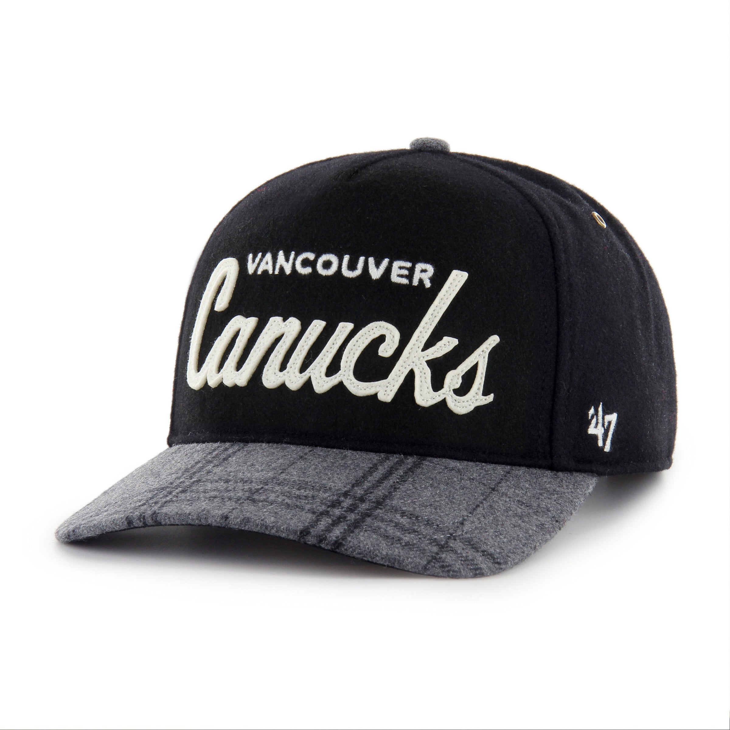 Vancouver Canucks NHL 47 Brand Men's Black Windowpane Plaid Hitch Snapback Hat